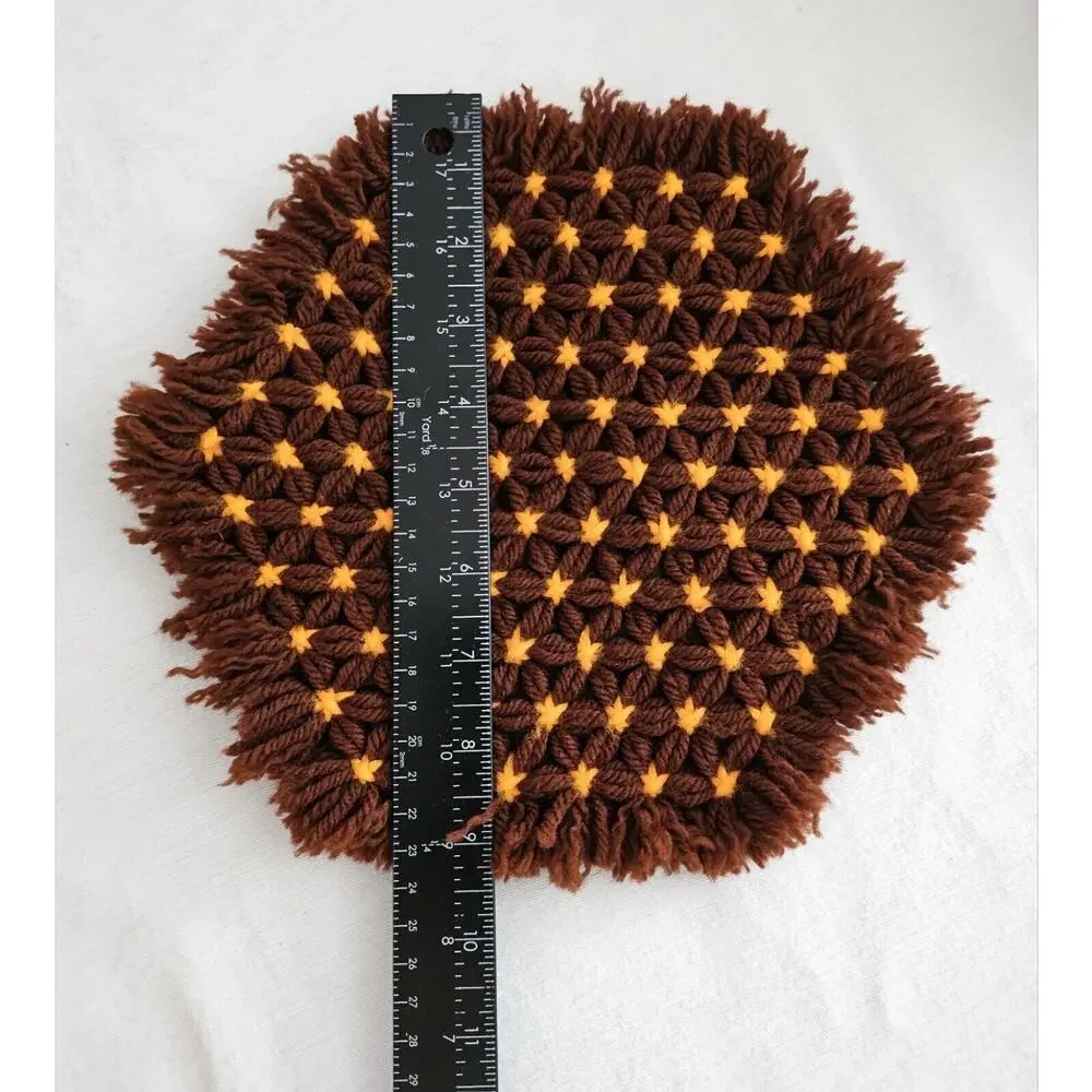 VTG Doily Retro Crochet Yarn Knitted 70s Brown Fringe Hexagon Boho Trivet